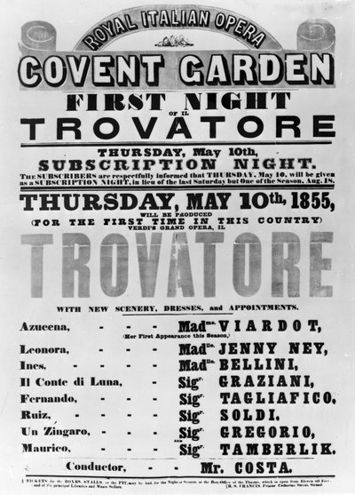 Playbill for the Royal Italian Opera at Covent Garden, 1855 by English School